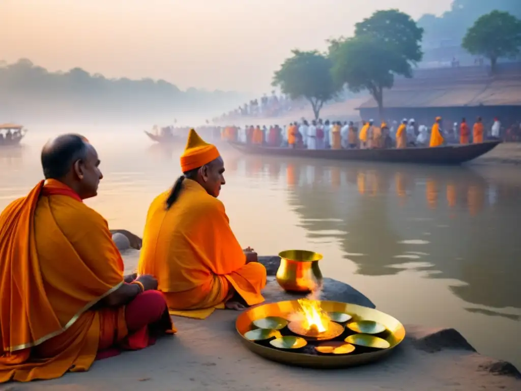 Brahmanes realizando un ritual Védico al amanecer, con el Ganges de fondo