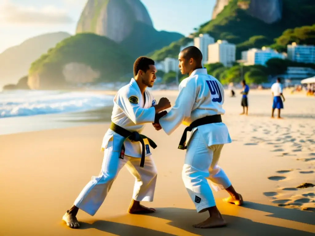 Práctica de Jiu Jitsu Brasileño en la playa de Río de Janeiro, mostrando la fusión cultural y la evolución de este arte marcial