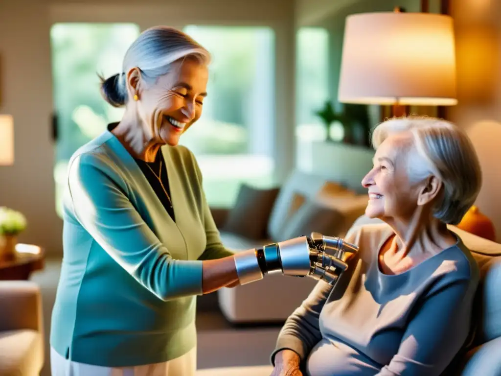 Un brazo robótico de última generación asiste con ternura a una anciana en una sala moderna y soleada en Asia, fusionando tecnología y conexión humana