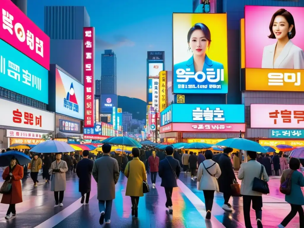 Brillantes vallas publicitarias de series asiáticas más populares en redes, iluminan una concurrida calle de Seúl, atrayendo a la multitud con su colorido y brillo nocturno