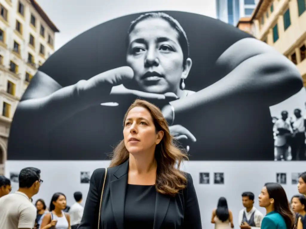 Tania Bruguera en instalación asiática, rodeada de diversidad