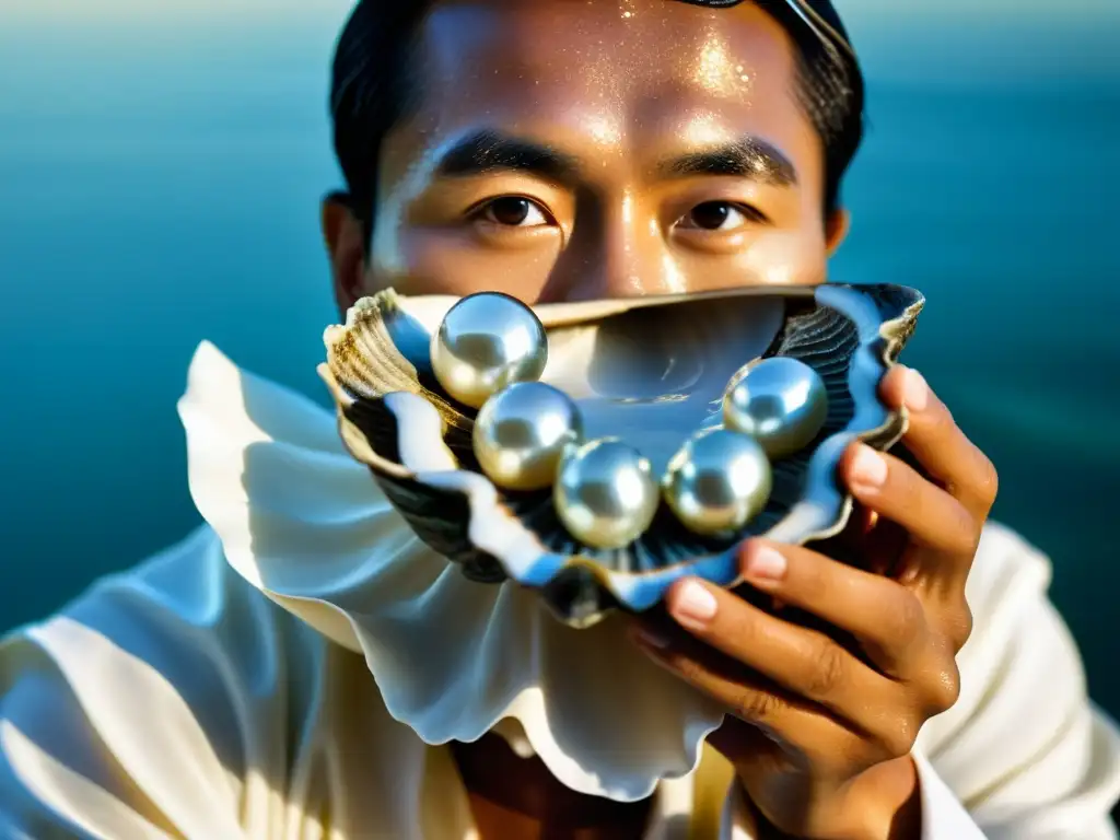 Un buceador de perlas asiático emergiendo del agua con una ostra y perlas brillantes