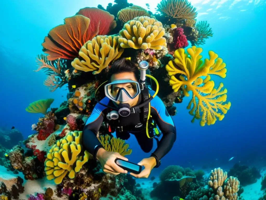 Un buceador explora un vibrante arrecife de coral con una cámara acuática asiática, capturando la belleza submarina