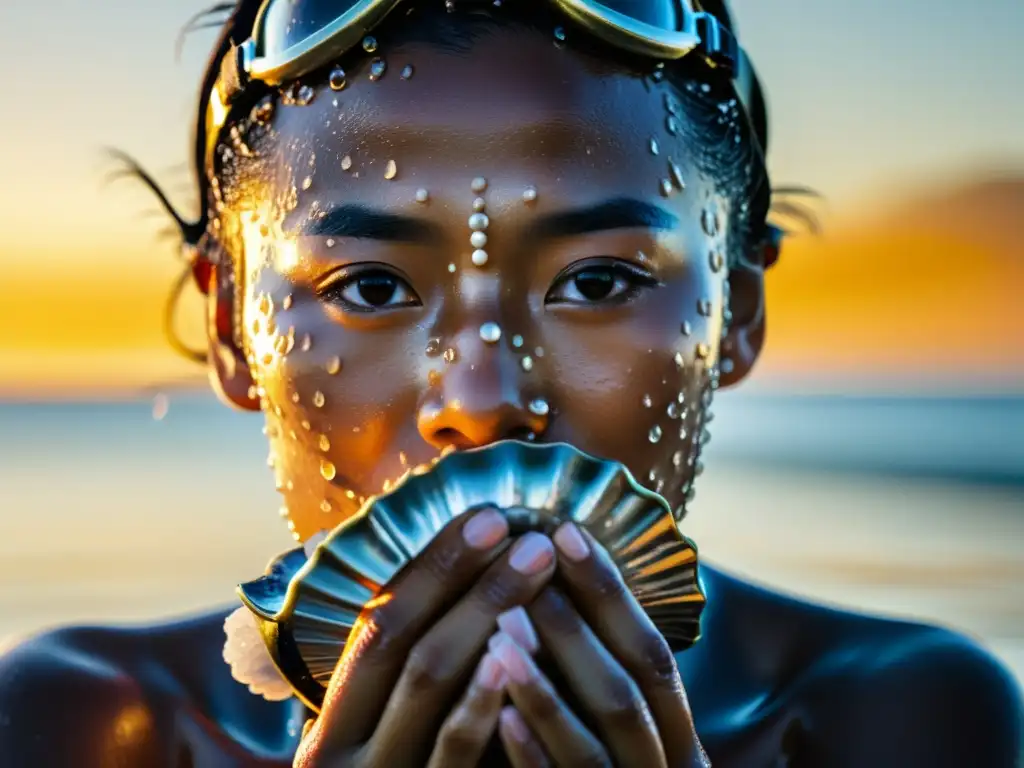 Una buceadora de perlas japonesa emergiendo del agua con un amanecer en el fondo, capturando la belleza y tradición de las perlas asiáticas