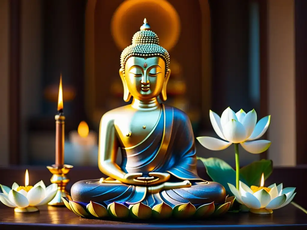 Estatua dorada del Buda en templo iluminado Un Buda de madera tallada y dorada, rodeado de ofrendas en un templo iluminado por luz dorada, creando una atmósfera espiritual