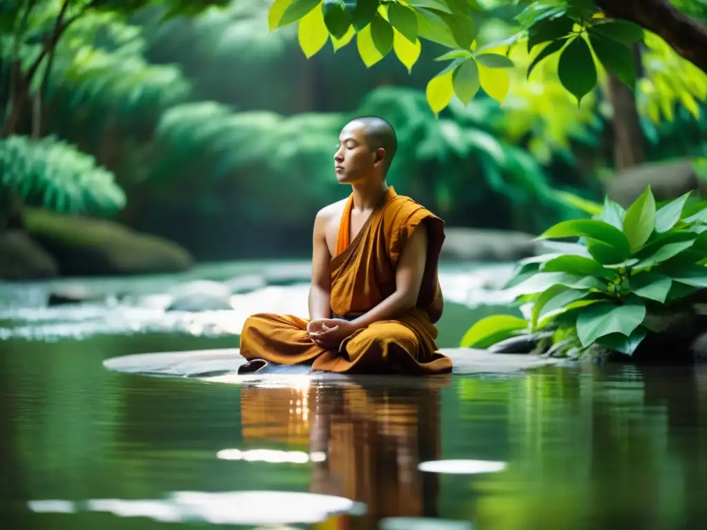 Budista meditando en la naturaleza, con energía serena y sentido de predestinación budista