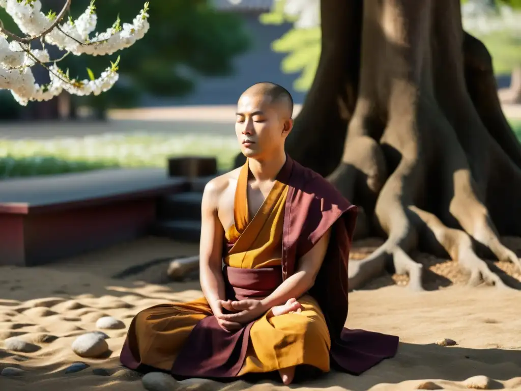 Budista en meditación profunda, con gestión emocional en el budismo, en un jardín tranquilo con cerezos en flor