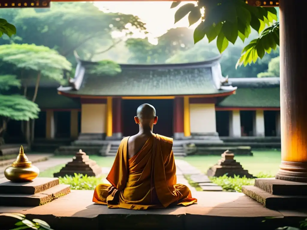 Budista en meditación en ruinas antiguas, rodeado de vegetación exuberante