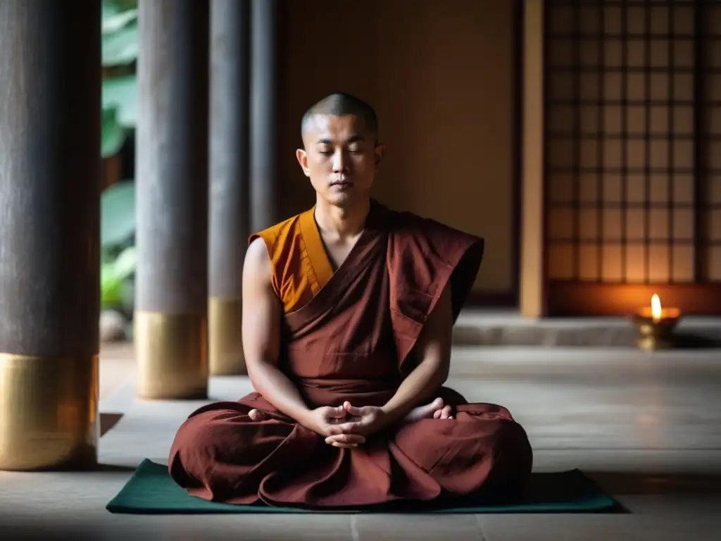 Budista meditando en un templo, con expresión serena y ambiente tranquilo