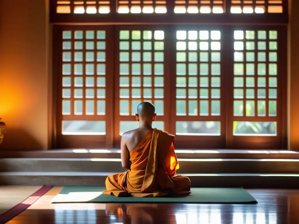 Meditación serena: monje budista en templo tradicional Budista meditando en templo, iluminado por luz cálida
