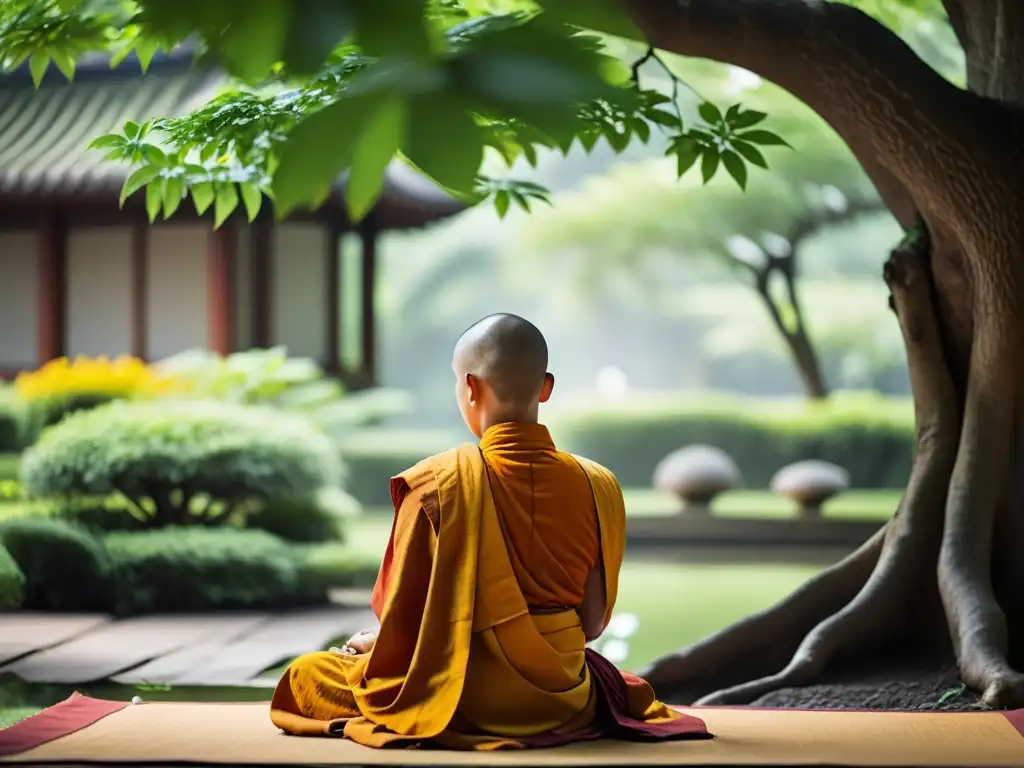 Budista meditando en un jardín tranquilo, practicando técnicas budistas para mejorar la memoria en un ambiente sereno y pacífico