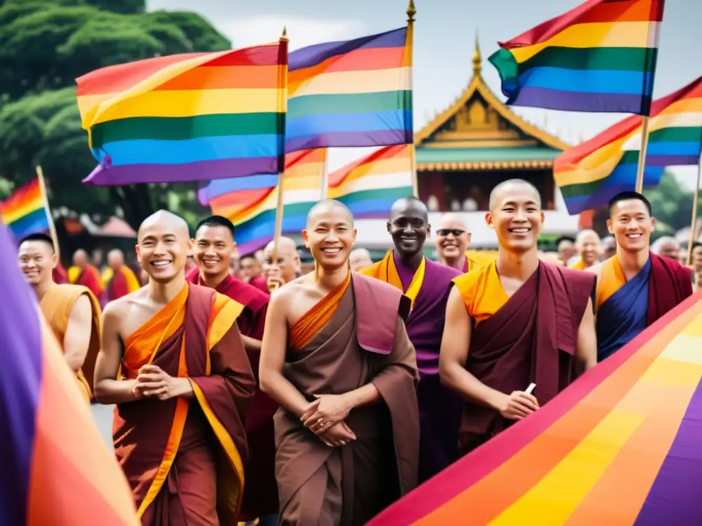 Budistas participan alegres en desfile del orgullo LGBT con templos de fondo, mostrando la tolerancia budista hacia la homosexualidad