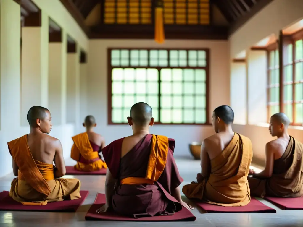 Budistas en meditación, vida monástica budista búsqueda verdad en monasterio sereno