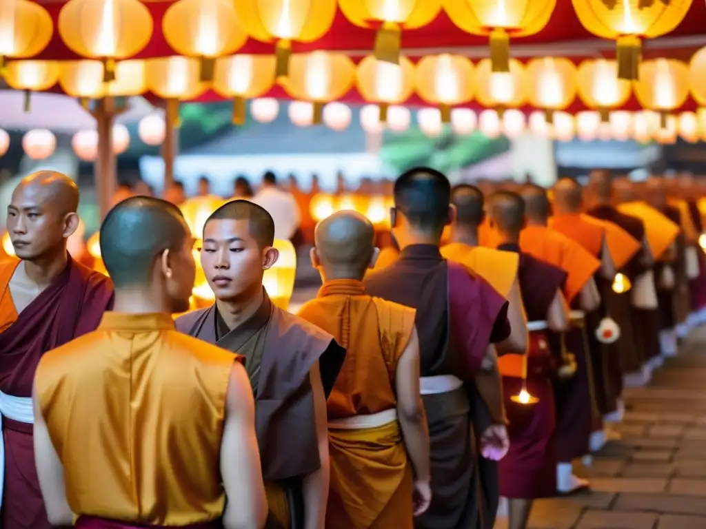 Budistas y devotos reunidos bajo faroles en el festival Vesak, creando una atmósfera espiritual y contemplativa