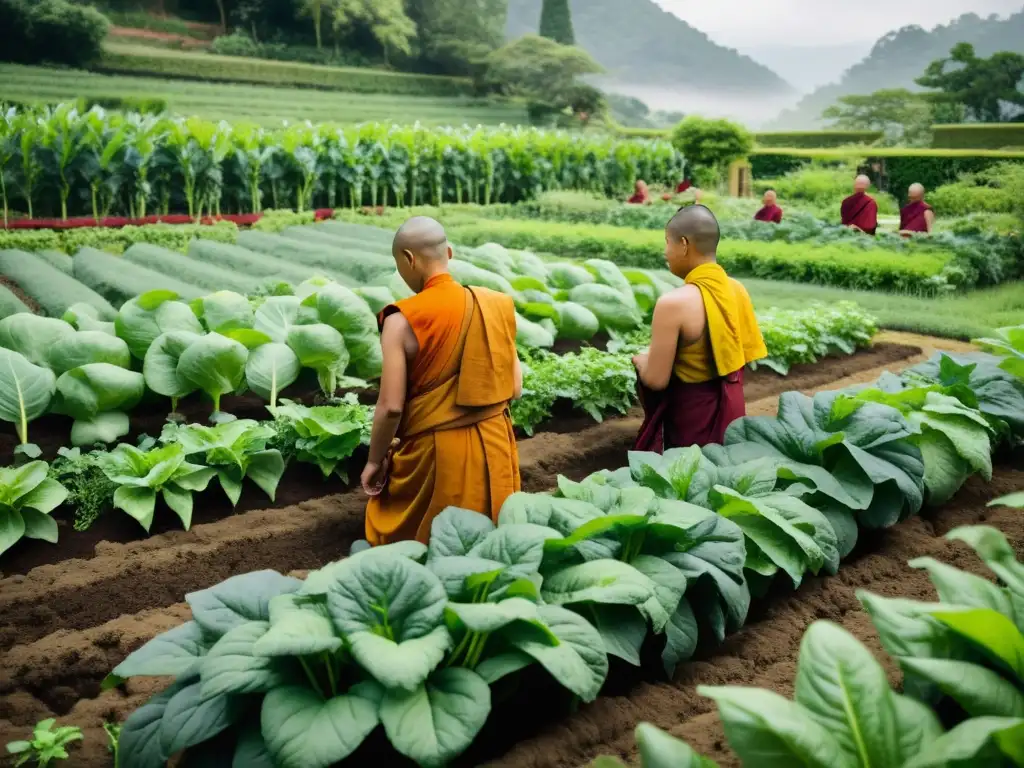 Budistas cuidando un exuberante jardín, simbolizando la conexión con la dieta vegetariana budista, en un monasterio sereno