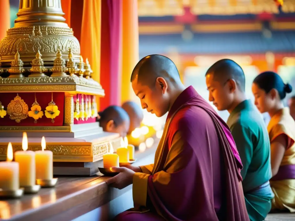 Budistas en festival, meditando y rezando en serena devoción, rodeados de colores, flores y velas