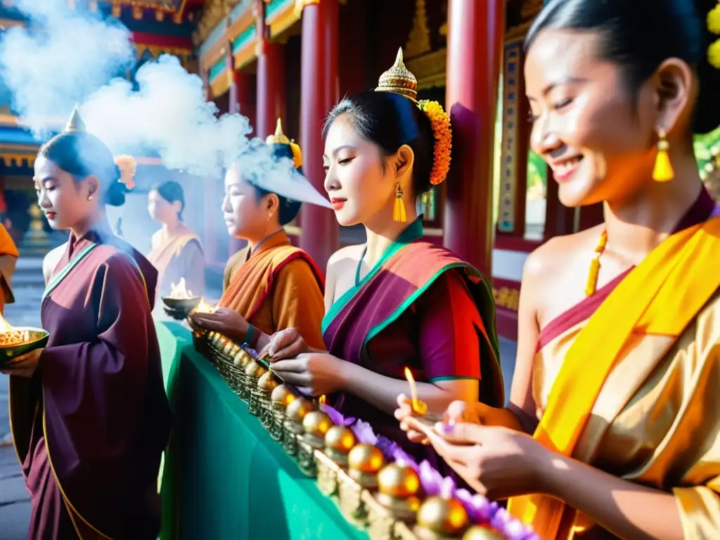 Budistas en festival, vistiendo trajes tradicionales, encienden incienso y rezan en un templo colorido, reflejando devoción y significado espiritual