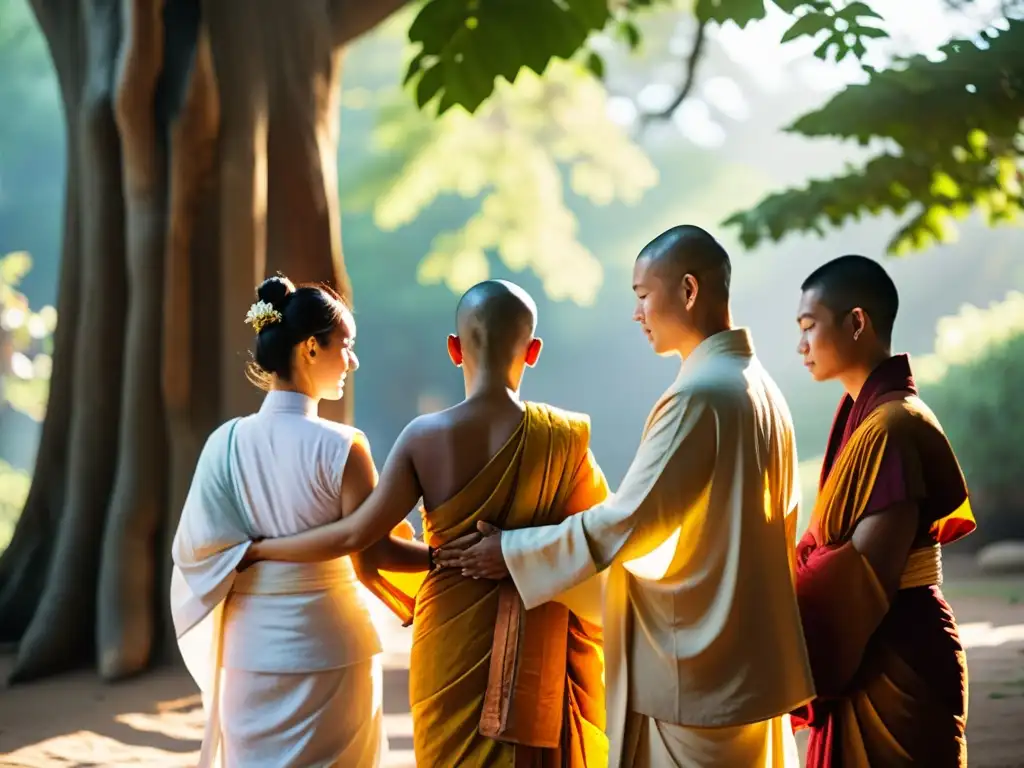 Budistas LGBT meditando juntos en un ambiente de paz y aceptación en la naturaleza