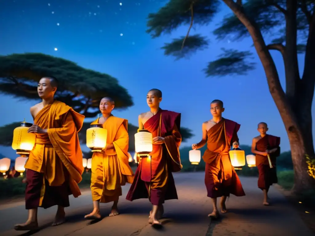 Budistas en procesión llevando linternas en la celebración de Vesak bajo un cielo estrellado y árboles antiguos