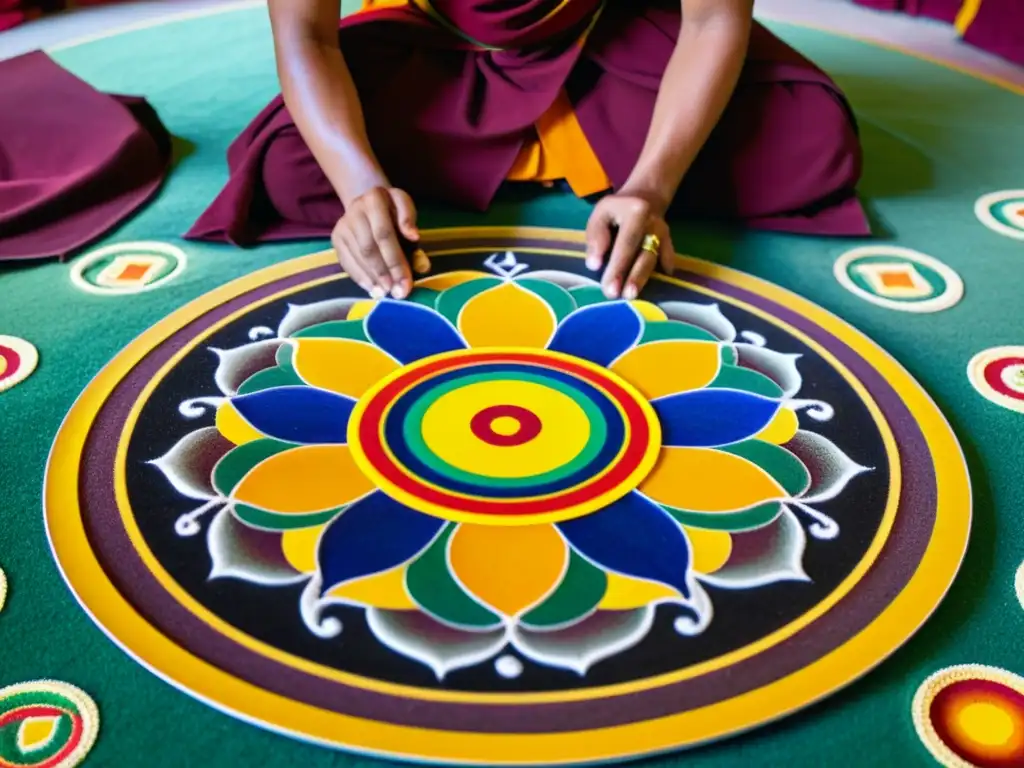 Budistas creando un mandala de arena, reflejando el diálogo interreligioso y la conexión entre seres vivos