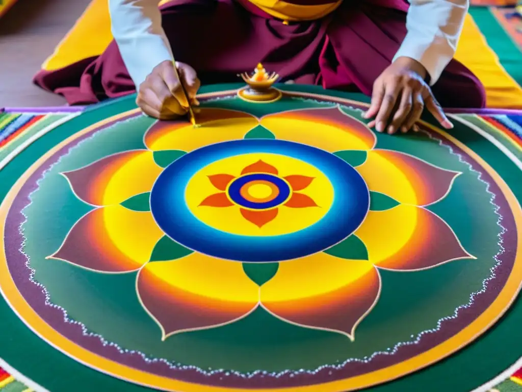 Budistas creando un mandala de arena, reflejando la gestión emocional en el budismo a través de sus colores vibrantes y concentración