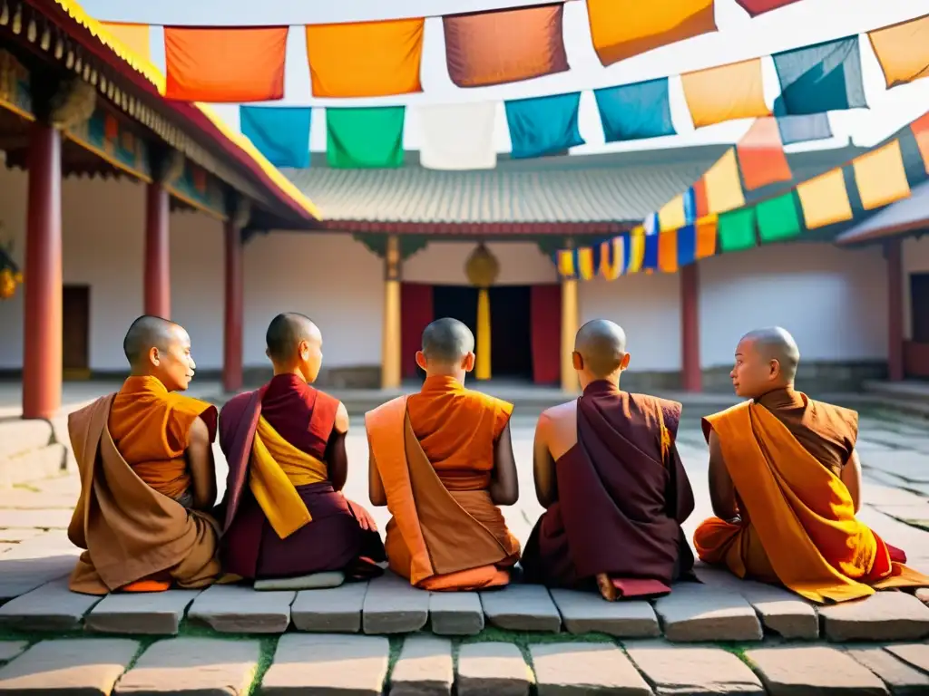 Budistas en meditación matutina en un monasterio, rodeados de banderas de oración