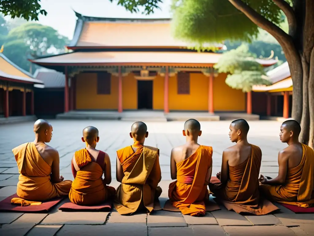 Budistas en meditación en un patio monástico, irradiando tranquilidad y devoción espiritual en la búsqueda de la verdad budista