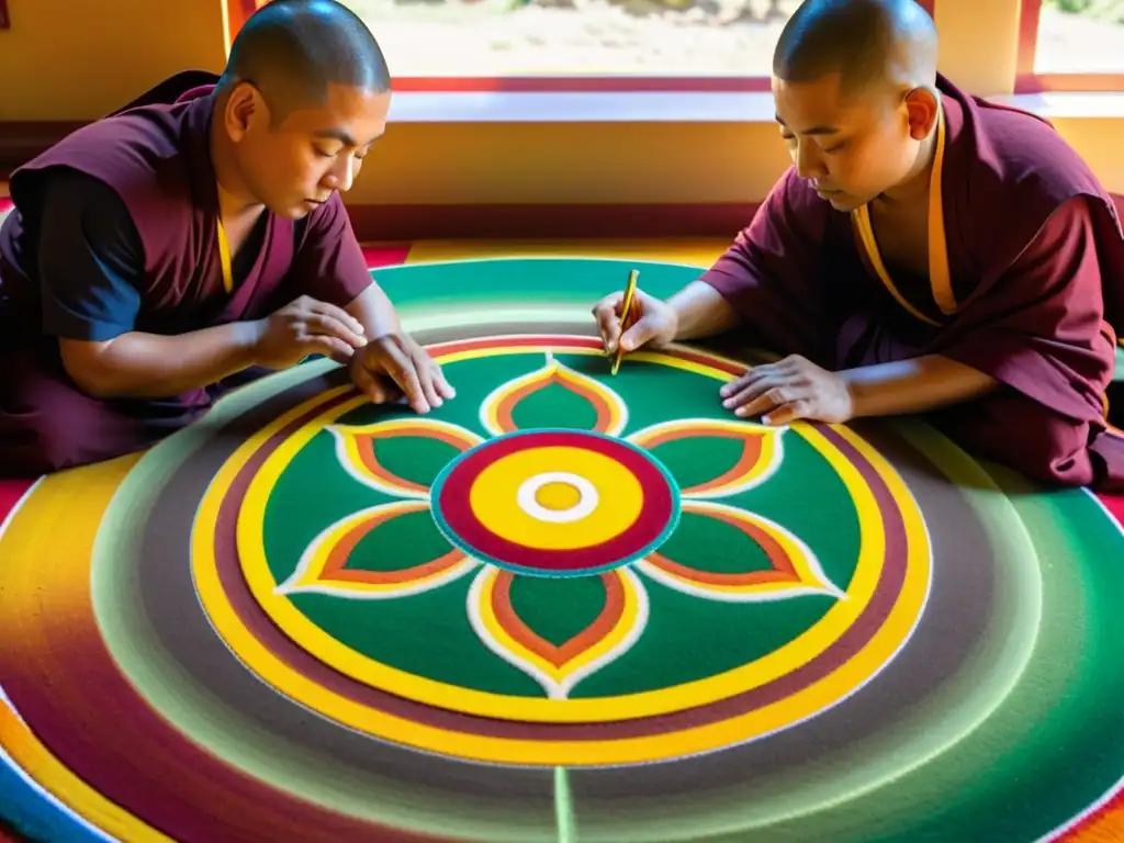 Budistas en profunda concentración crean un mandala de arena, simbolizando la esencia meditativa del budismo