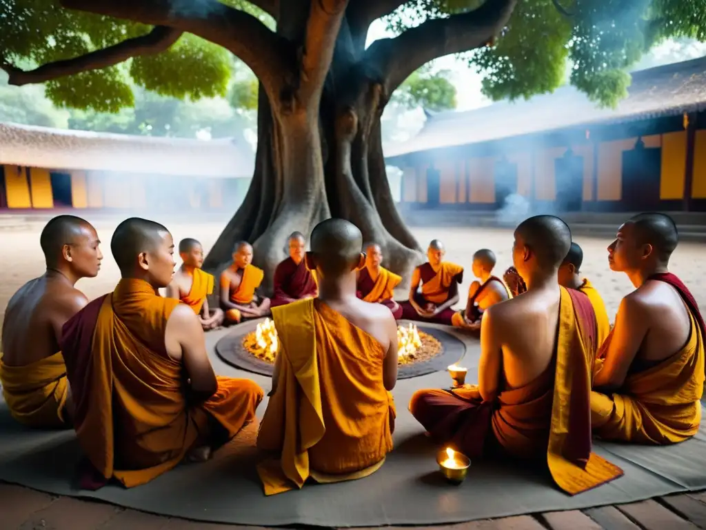 Budistas en ritual bajo árbol Bodhi, envueltos en humo de incienso y luz matutina, reflejando la vida monástica budista búsqueda verdad