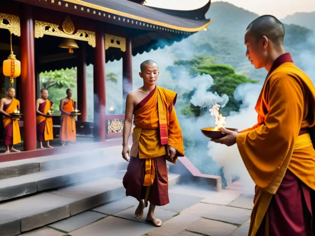 Budistas en ritual en templo asiático: monjes en saffron, danza sagrada, misticismo y cultura asiática