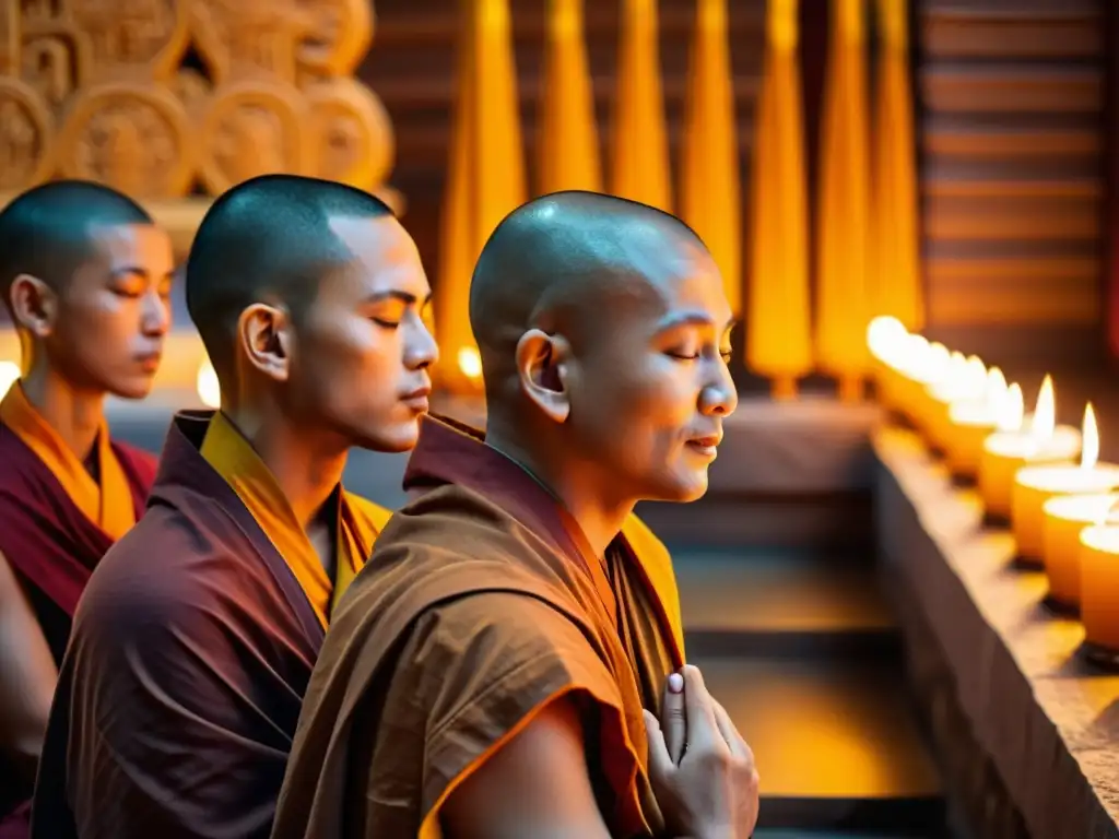 Budistas en saffron oran en templo iluminado por velas, creando atmósfera serena y elevadora con música budista para elevar espíritu