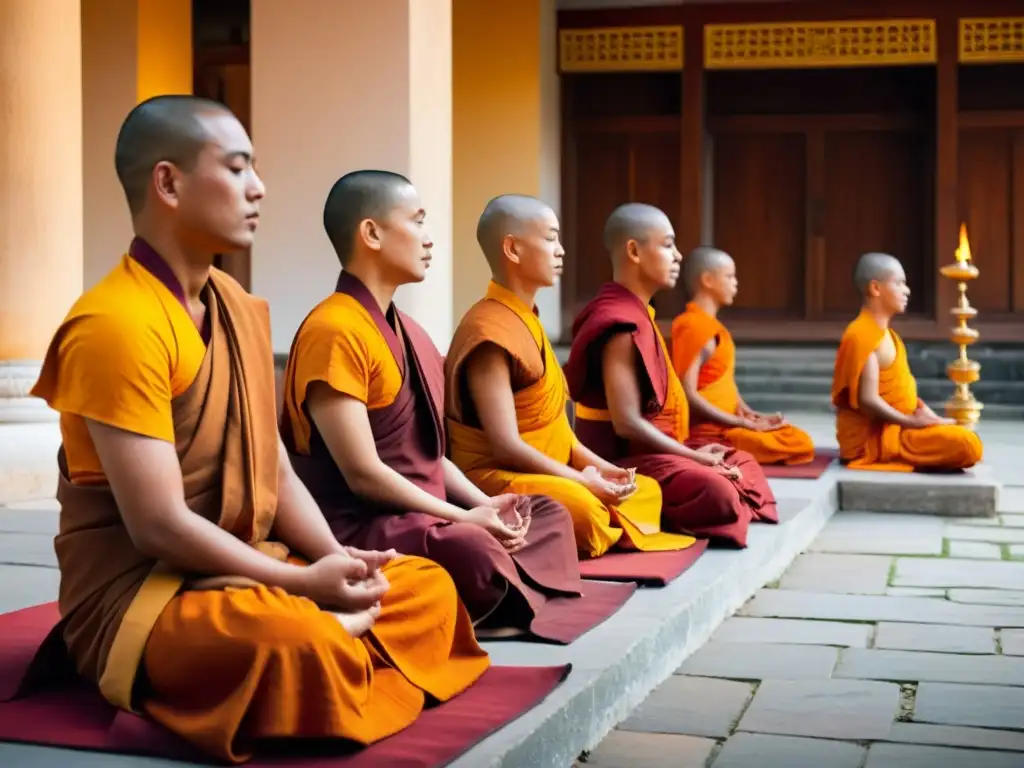 Budistas meditando al amanecer en un templo sereno, transmitiendo la esencia de la vida monástica budista búsqueda verdad