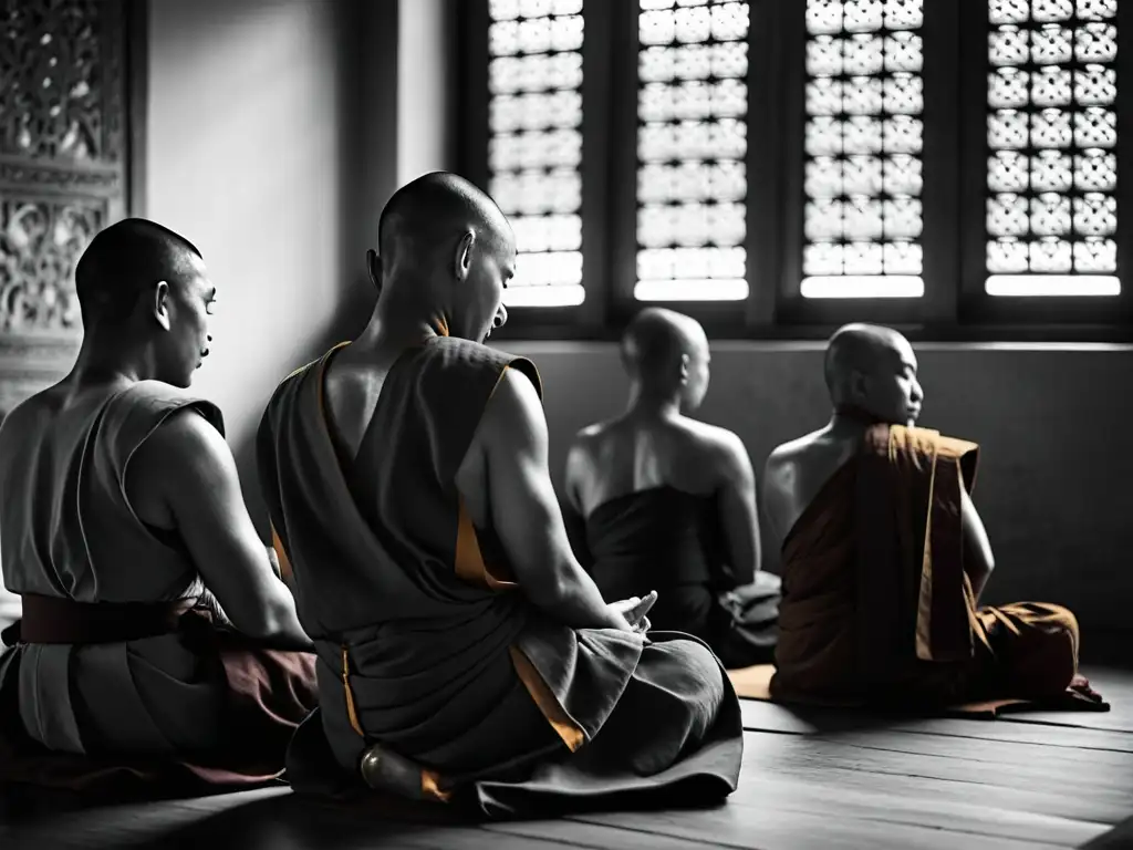 Budistas meditando en tranquilidad, con ojos cerrados y expresiones serenas