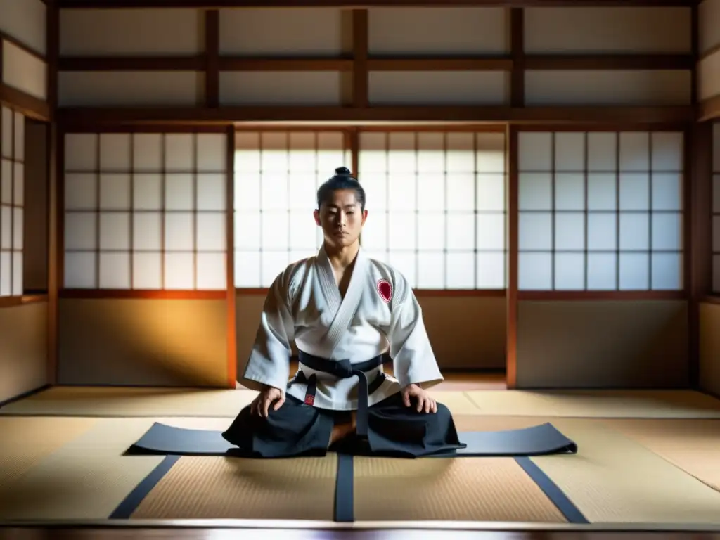 Fusión de Budo y meditación en un dojo japonés iluminado, con artistas marciales meditando y un bonsái, transmitiendo disciplina y tranquilidad