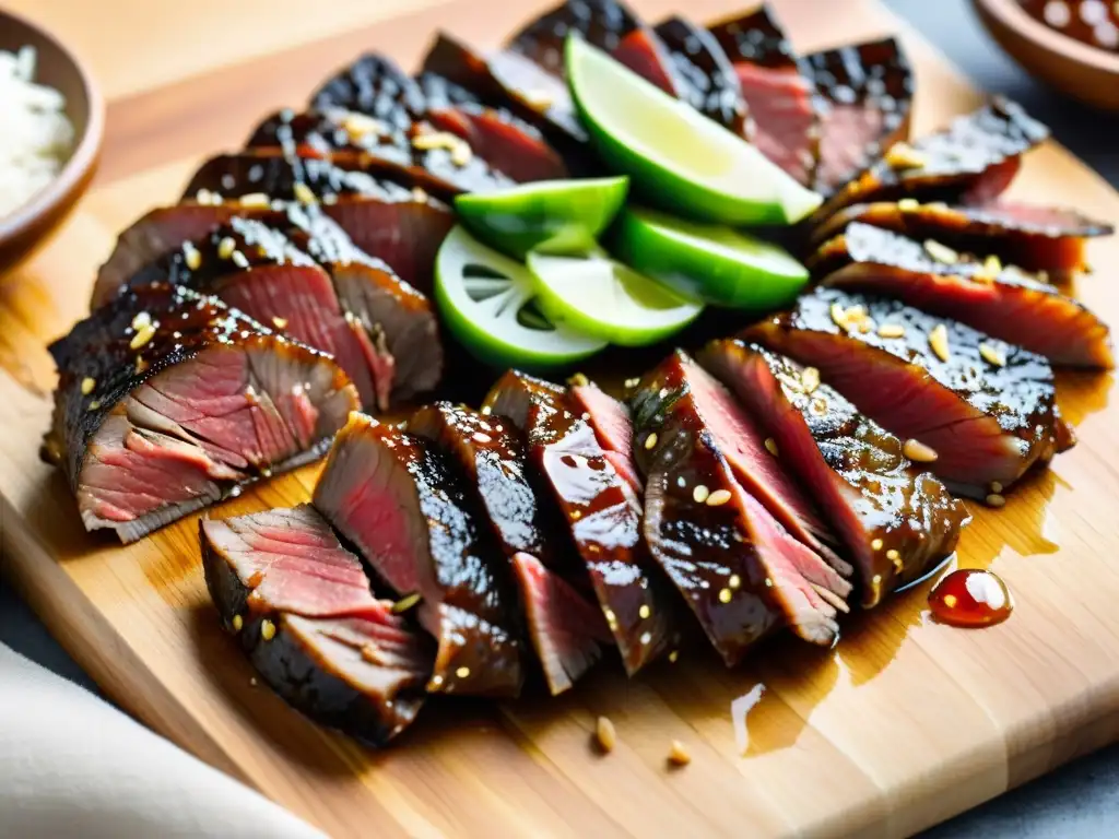 Bulgogi: receta marinado perfecto para carne, con finas láminas de carne brillante en tabla de madera