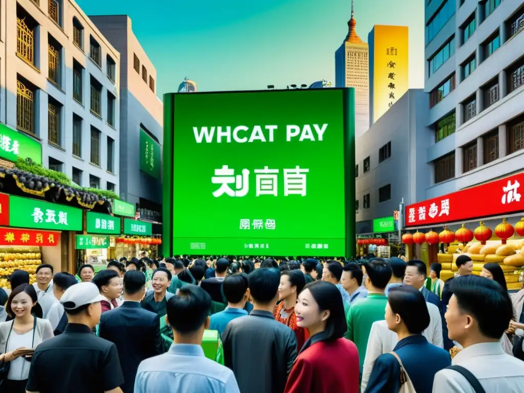 El bullicio de una calle china con anuncio de WeChat Pay, refleja la energía de Fintech en China: WeChat Pay