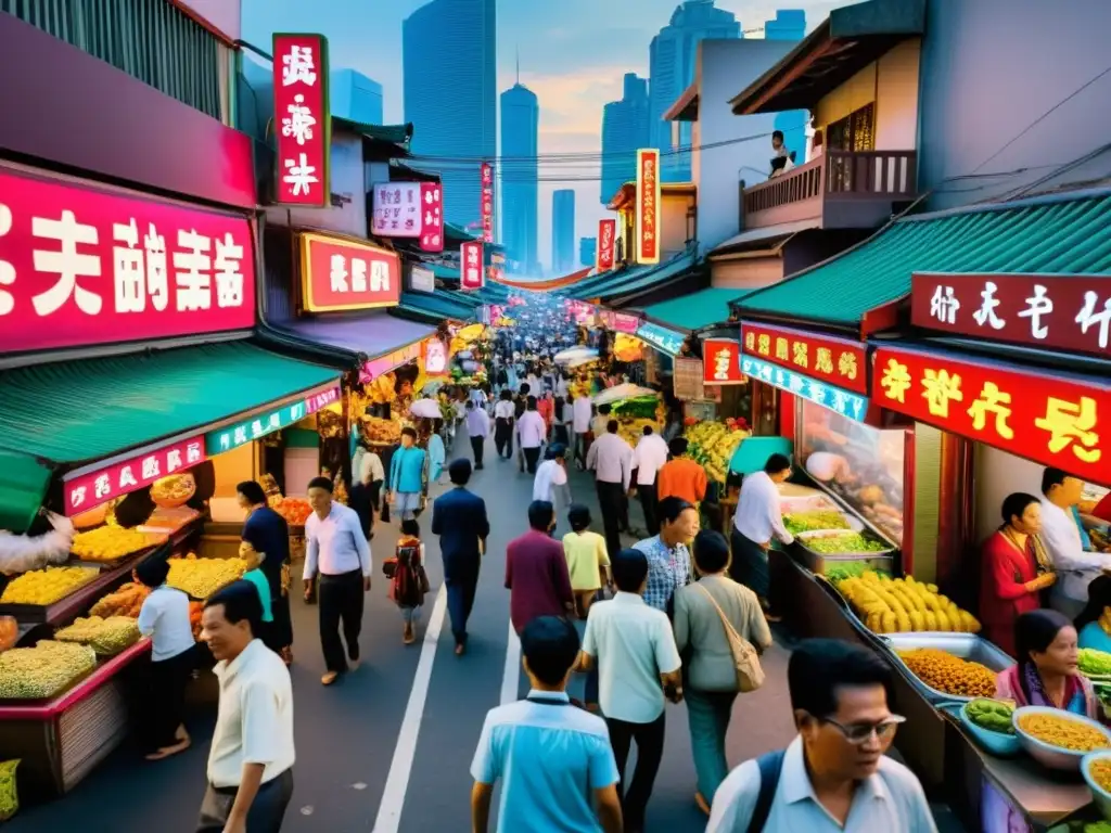 El bullicio de una calle en una ciudad asiática contemporánea, con letreros de neón y vendedores ambulantes creando un ambiente vibrante y caótico