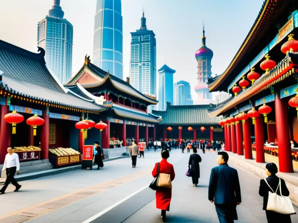 El bullicio de una calle en una ciudad china moderna, con arquitectura tradicional y contemporánea