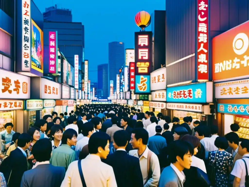 Una bulliciosa calle de Tokyo en los años 80, con luminosos neón, multitudes y arquitectura tradicional y moderna