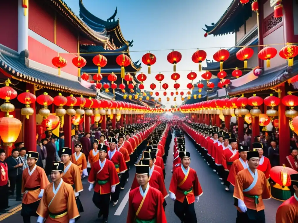 Celebración del Hungry Ghost Festival en una bulliciosa calle asiática, con desfile y faroles rojos tradicionales