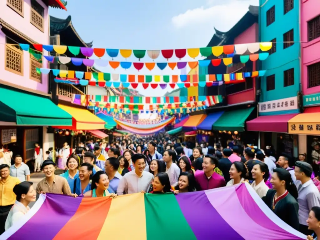 Una bulliciosa calle asiática llena de orgullo LGBTQ+ y representación, desafiando estereotipos de género con sonrisas y abrazos