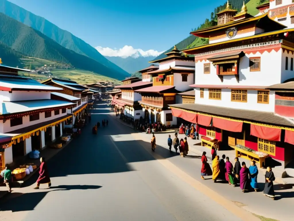 Vida cotidiana en la bulliciosa calle de Bhután Una bulliciosa calle en Bhutan, con edificios tradicionales coloridos, puestos de mercado vibrantes y locales realizando actividades diarias