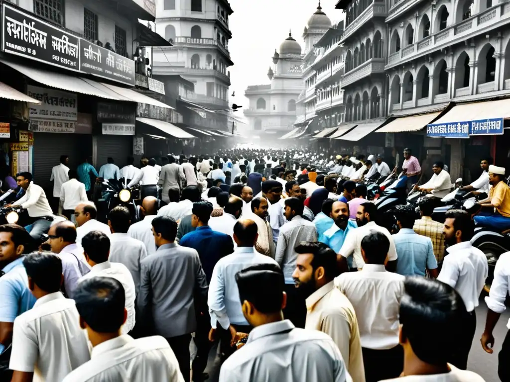 Una bulliciosa calle de Mumbai en blanco y negro captura la vida cotidiana en la India