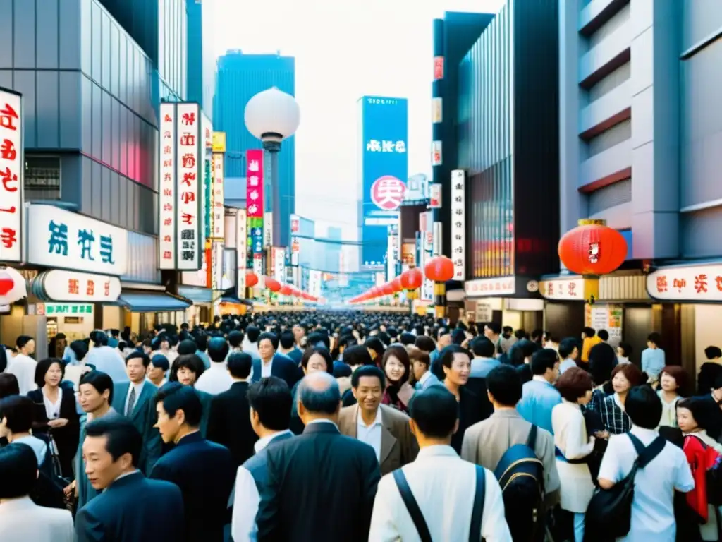 Una bulliciosa calle de Tokio en blanco y negro, reflejando la energía urbana y la rica atmósfera de 'Tokio Blues' de Murakami