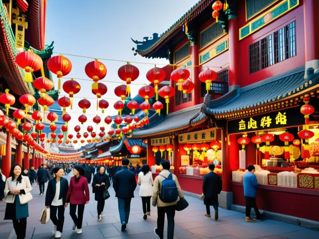 Una bulliciosa calle de Chinatown con linternas rojas y doradas, carteles en chino y una mezcla de arquitectura tradicional y moderna