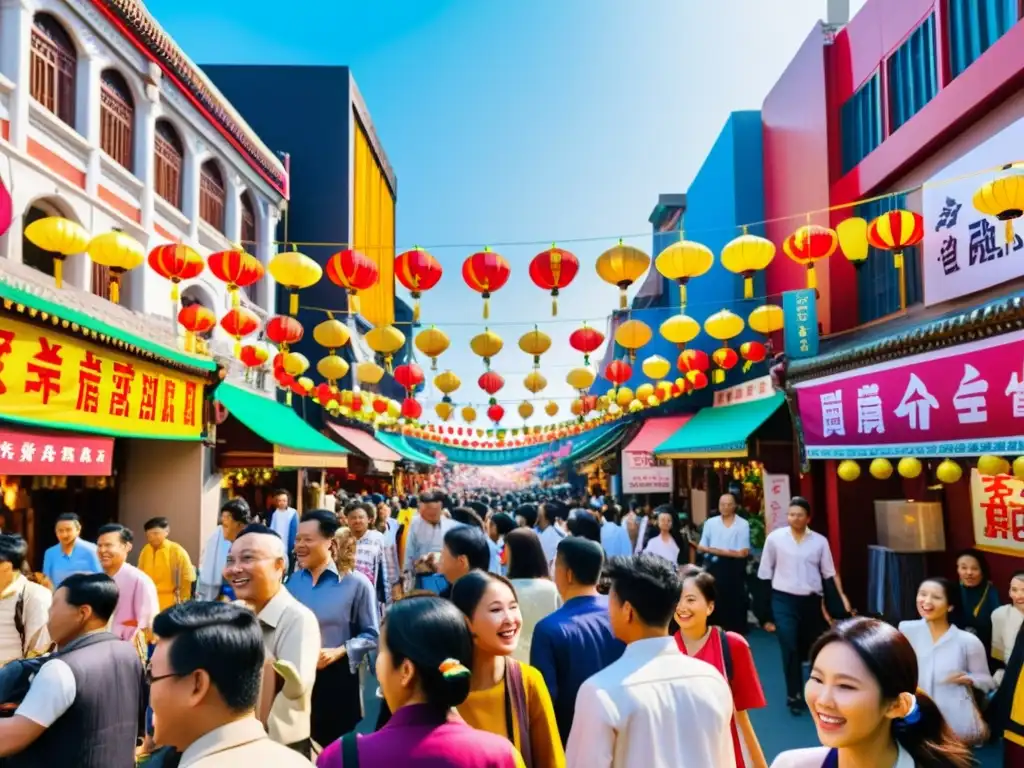 Una bulliciosa calle en una ciudad asiática, llena de diversidad cultural y festivales