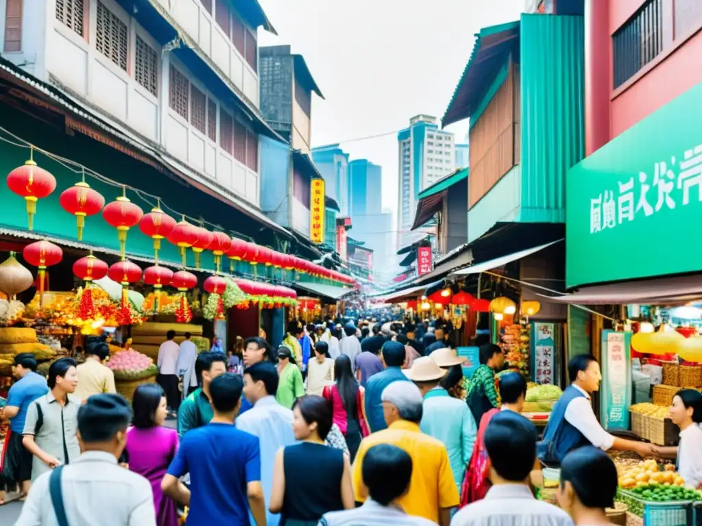 Una bulliciosa calle de ciudad asiática llena de vida y color, reflejando la energía de la clase media en ciudades asiáticas