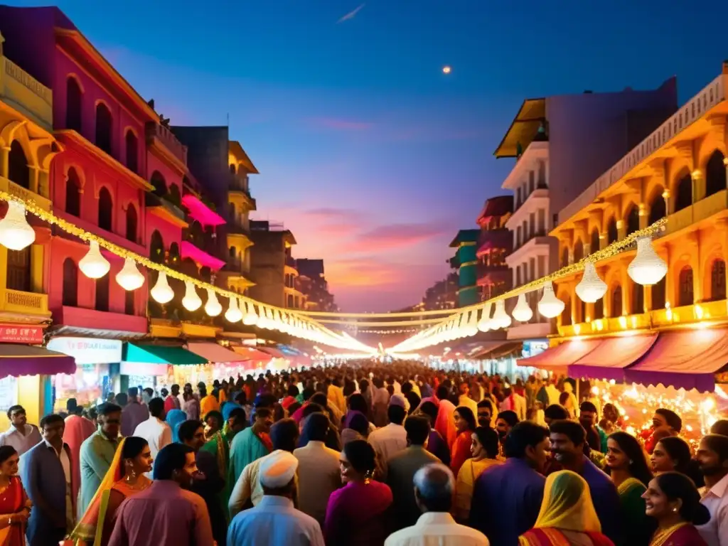 Una bulliciosa calle de la ciudad durante la celebración del Festival Diwali, llena de luz, color y alegría