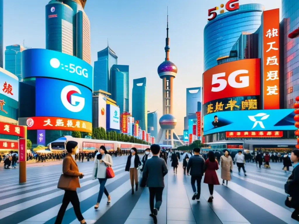 La bulliciosa calle de una ciudad china muestra la integración del 5G en la sociedad, entre la tradición y la modernidad