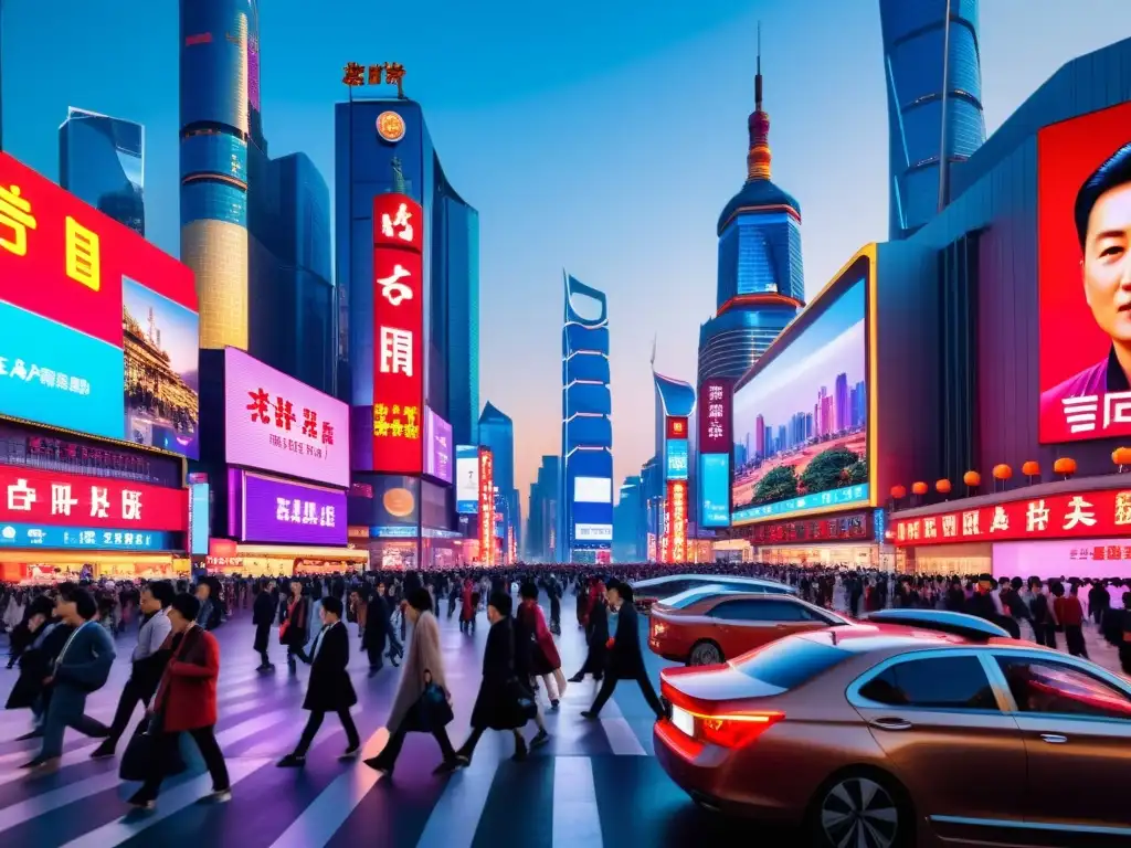 Una bulliciosa calle en una ciudad china, llena de gente bajo letreros de neón